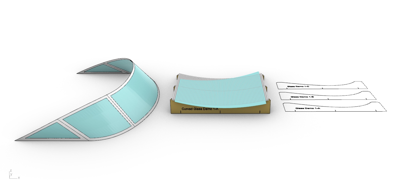 Curved glass design beside its heating pipe mould and CNC profiles