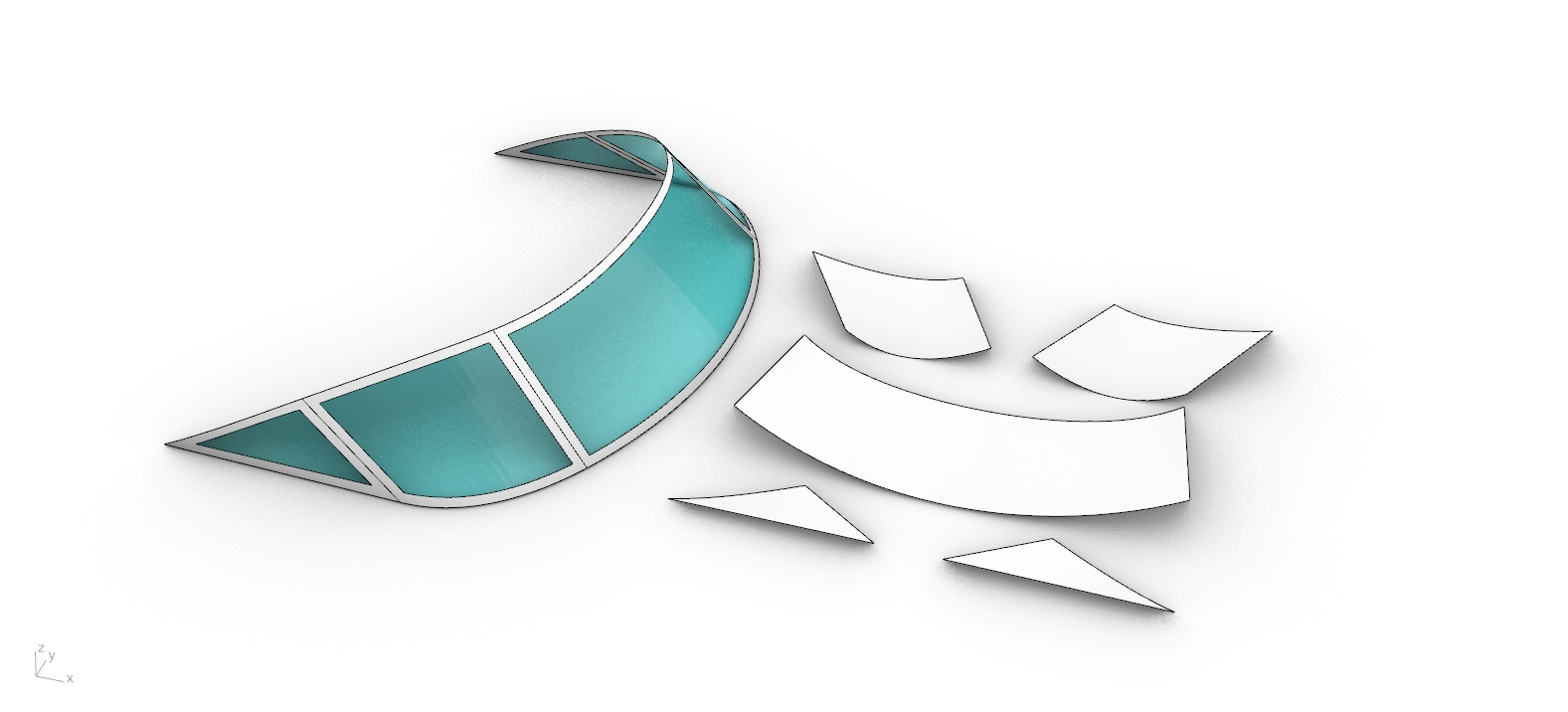 Curved glass assembly with its individual panels separated alongside it