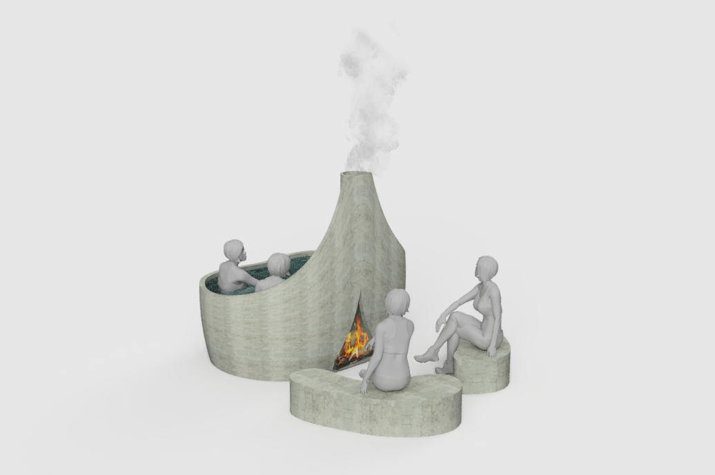 Competition concept viewed from the fireplace side, with people gathered around the fire and in the hot tub