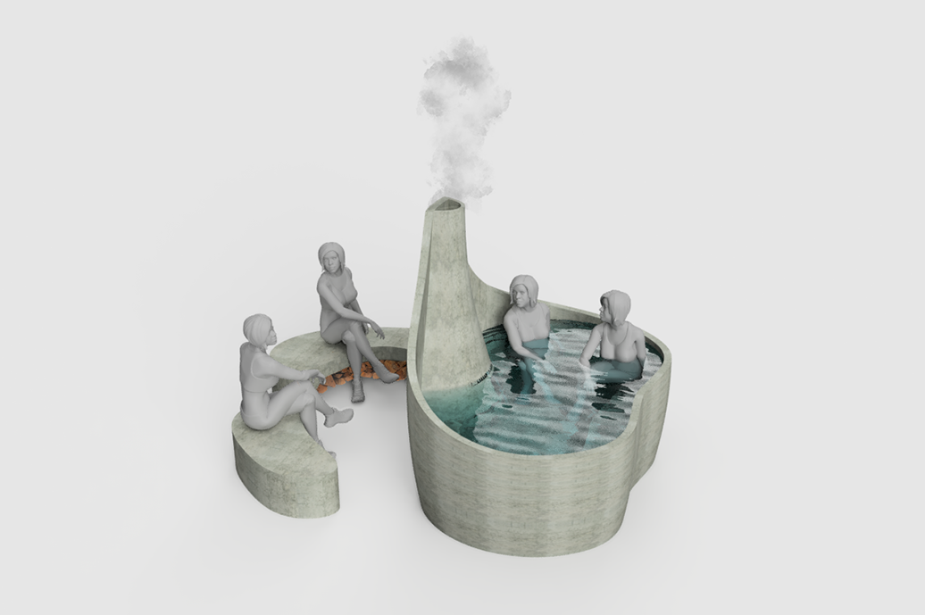 Hot tub competition concept combining a pool, fireplace, chimney, and curved seating
