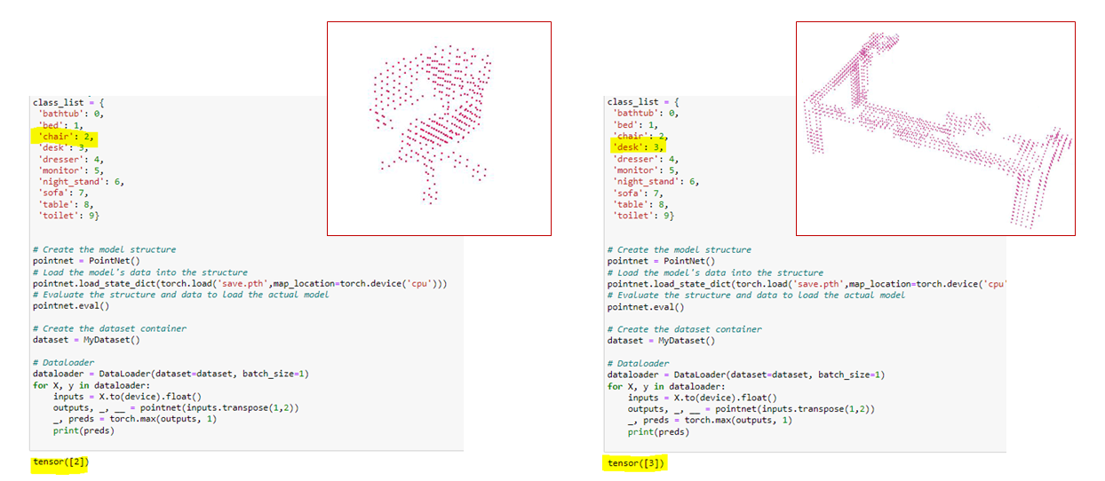 PointNet code and point cloud results identifying a chair and a desk