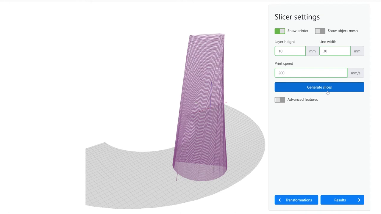 Slicer XL displaying generated layers and controls for layer height, line width and print speed